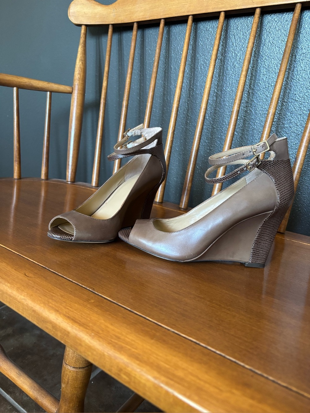 Ann Taylor Brown Peep Toe Ankle Strap Wedge Heels